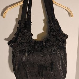 Black Double Straps DJ Fabric Handbag Flower Design